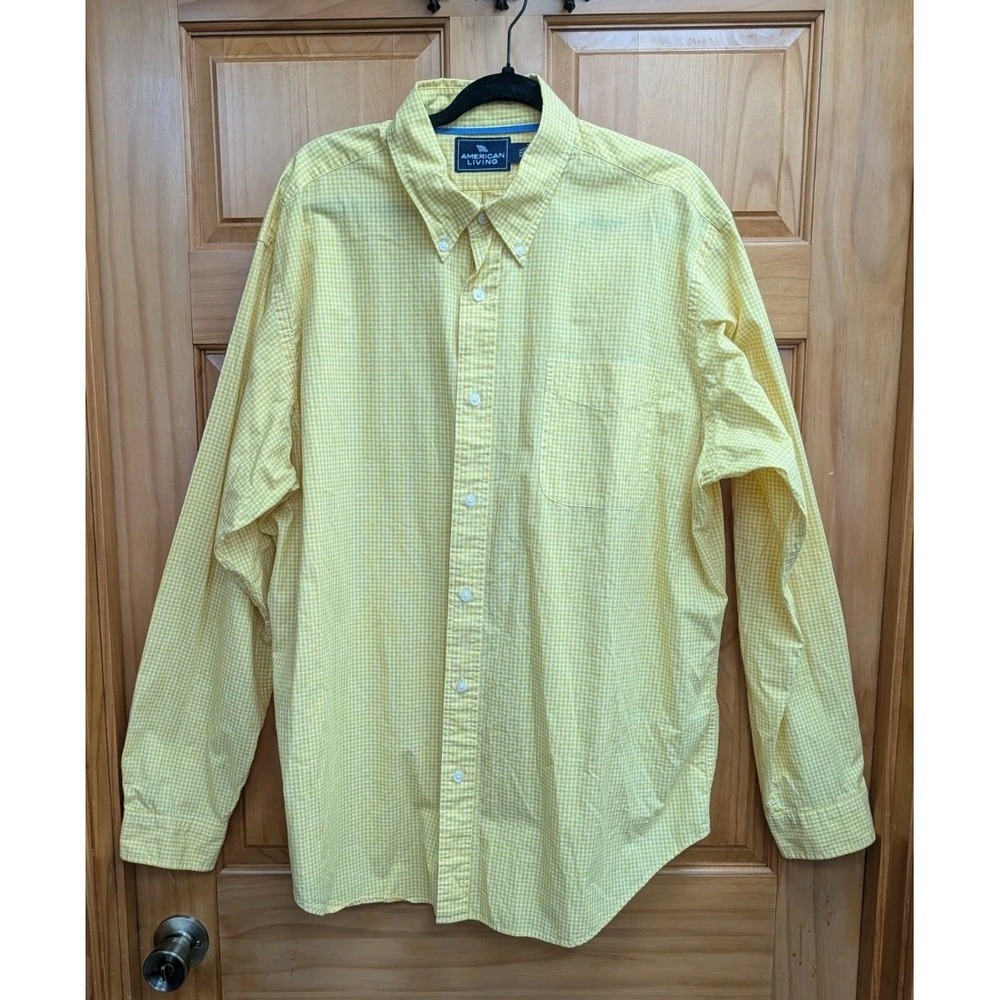 American Living Men's XXXL Shirt Long Sleeves Collar Yellow & White‎ Gingham